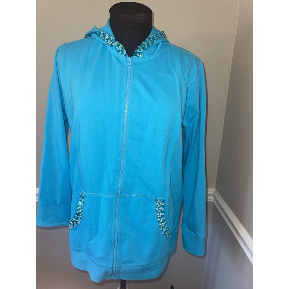 Quacker Factory Aqua Sequins Hooded Zip Up Sweatshirt Womens S‎ NWT